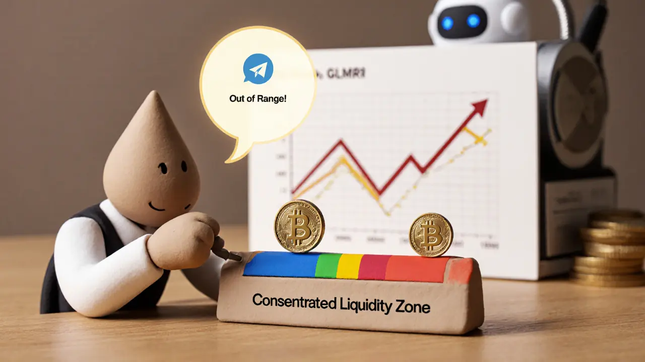 Tiny clay liquidity provider adjusting a price-range slider with Telegram alert and auto-vault nearby.