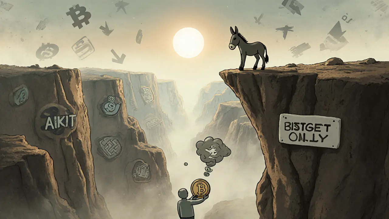 A DONK token on a cliff labeled &#039;Bitget Only&#039;, overlooking a canyon of faded crypto projects.