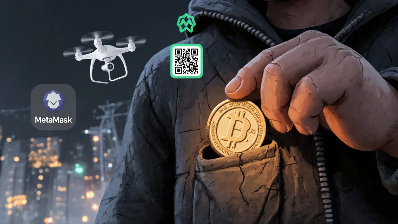 A hand placing a DAI token into a jacket pocket, with surveillance drones and power outages blurred behind.