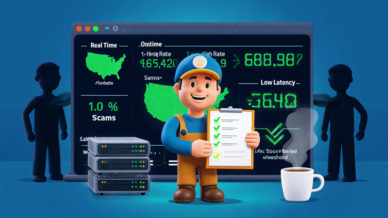 A miner checking a checklist for mining pool selection, with reliable servers glowing behind him and scams fading away.