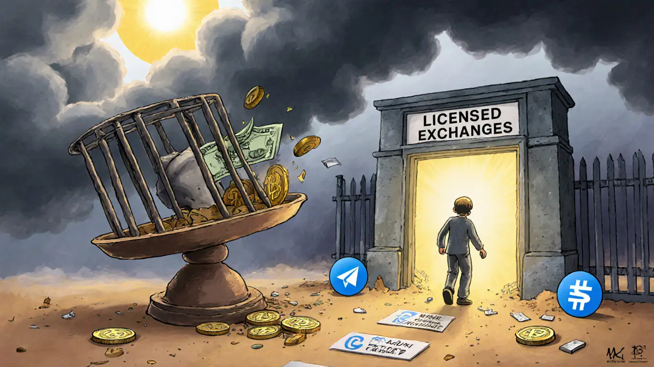 A scale tipping to prison with crypto money falling in, while one person walks safely toward licensed financial options.