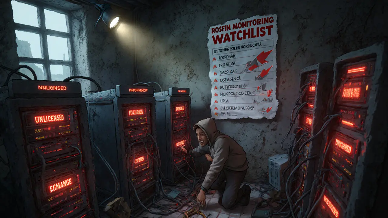 Cluttered apartment server room with red-alert computers and police flashlights shining through the window.