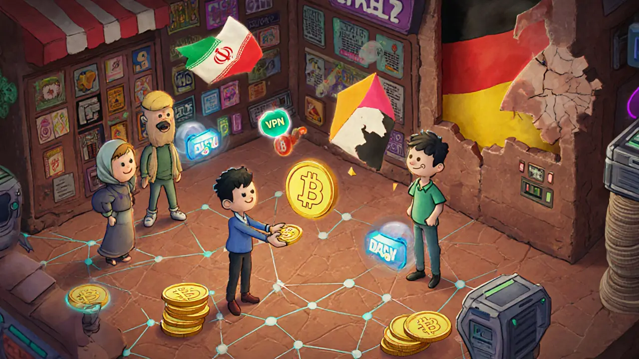 Colorful DAI tokens trading on a Polygon blockchain network, Iranians exchanging crypto while Nobitex logo breaks apart.