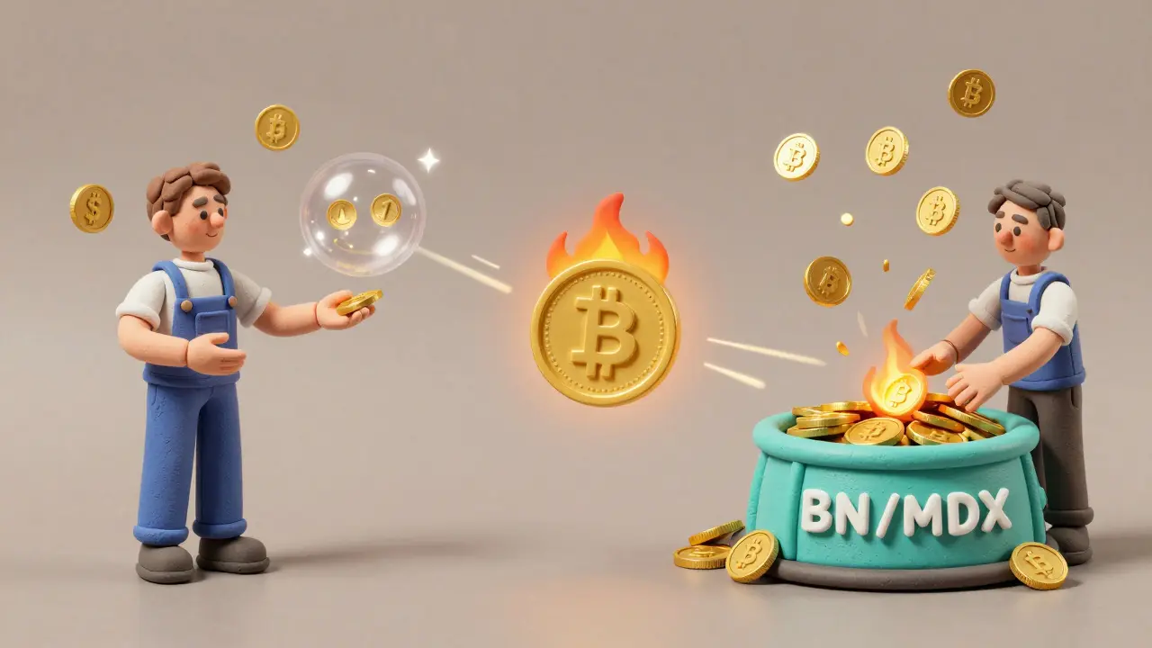 Dual mining system: trader earning rewards from swaps and liquidity pools in clay rendering with glowing MDX tokens.