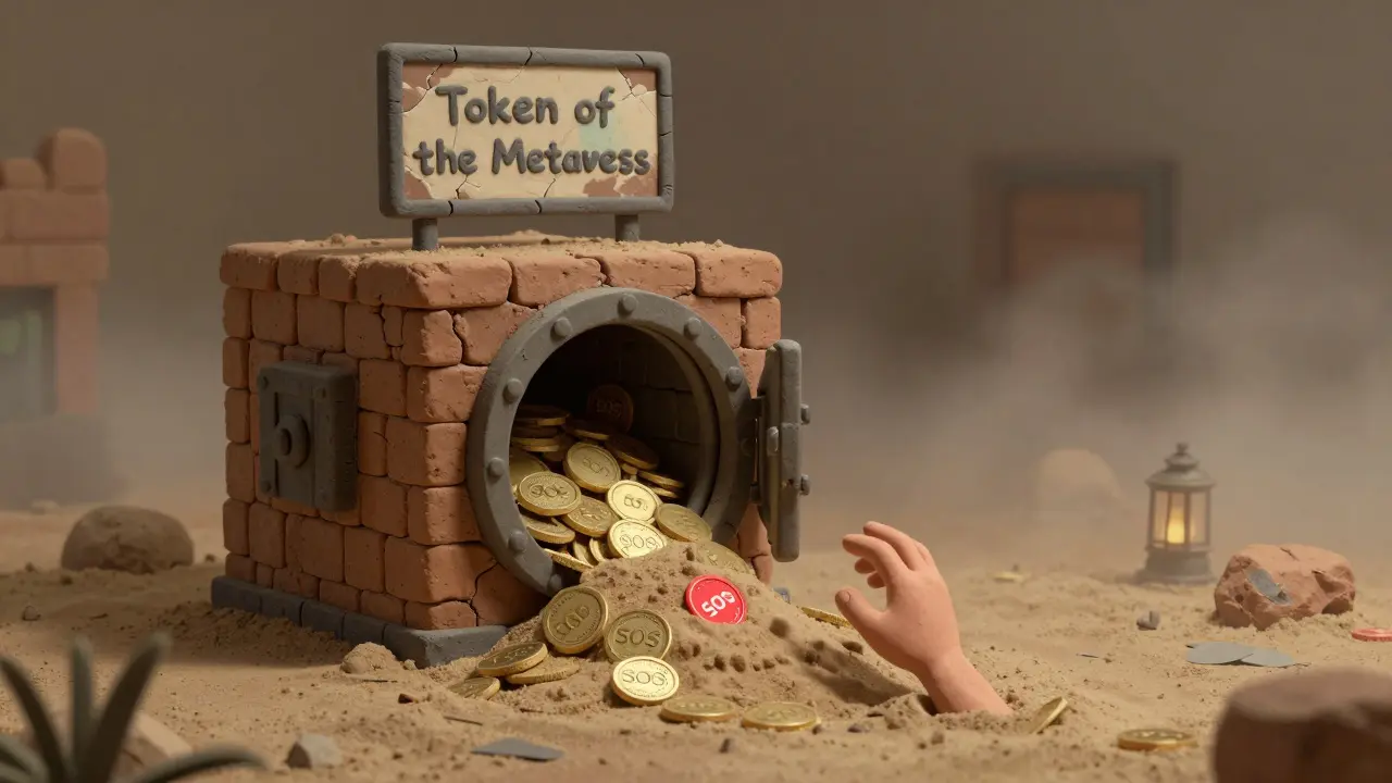 Dusty DAO treasury vault overflowing with SOS tokens, one glowing red token amid the pile.