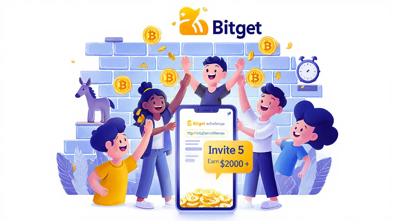 Friends celebrating DONK token rewards from referrals on a smartphone screen.