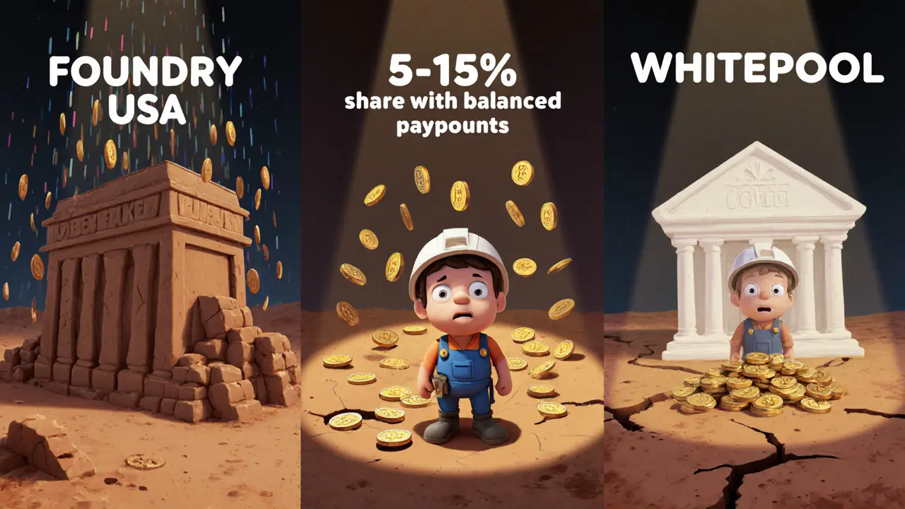Three mining pools shown side by side: large, mid-sized, and small, with different payout patterns affecting a miner.
