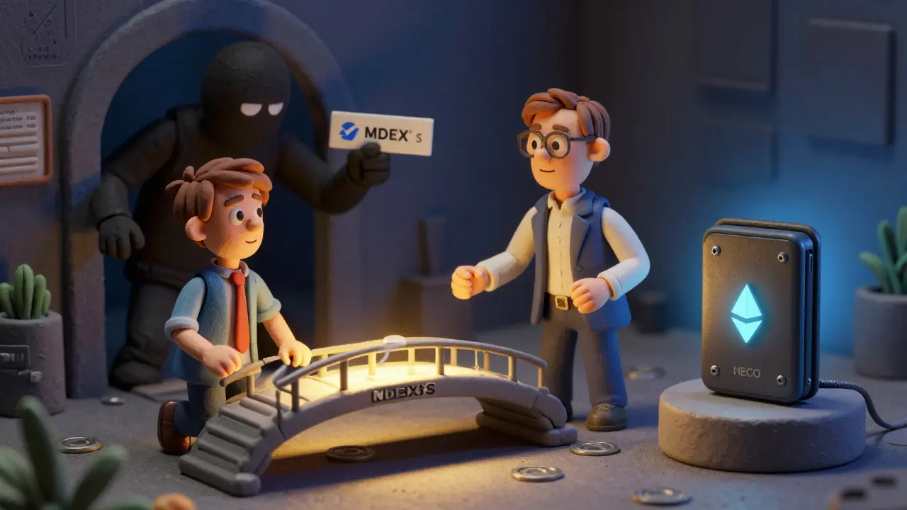 Trader safely using cross-chain bridge while phishing scam looms in background, clay illustration with contrasting light and shadow.