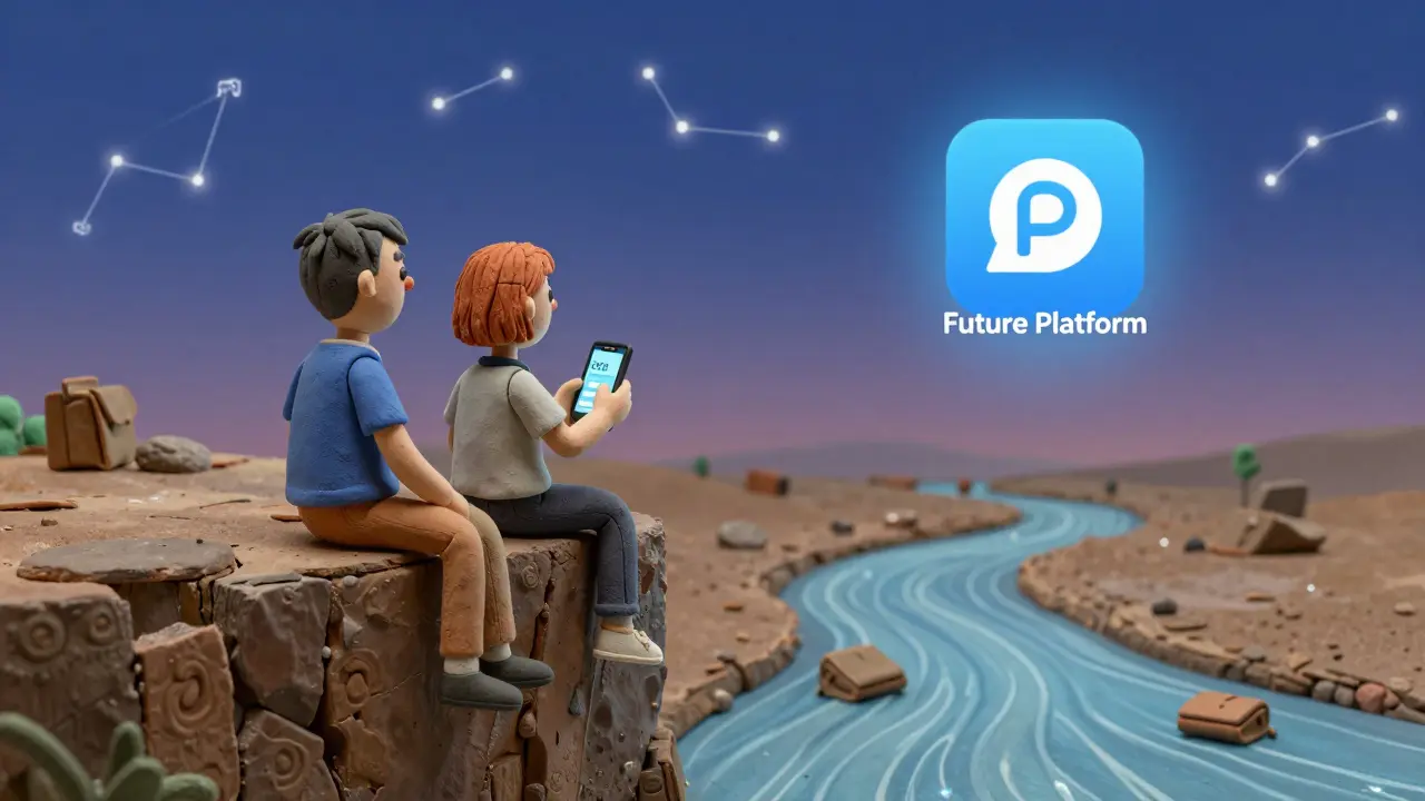 Two figures on a digital cliff, one holding a zero-value SOS screen, distant app icon fading into static.