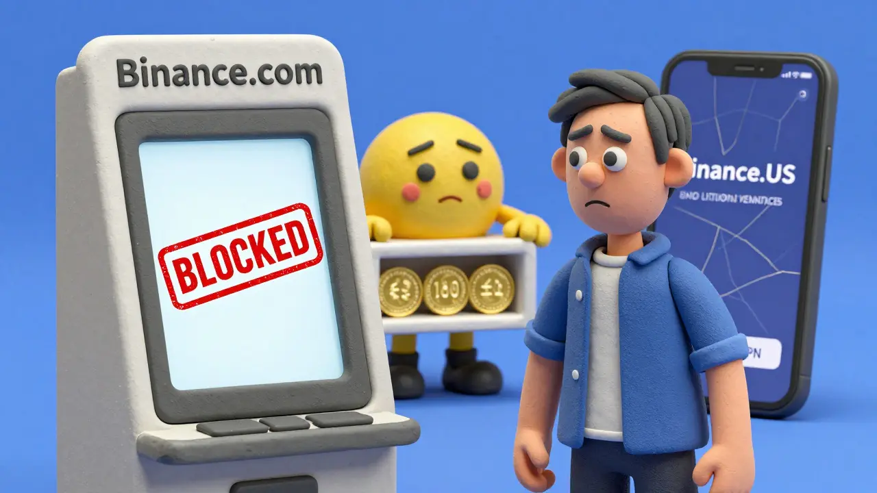 U.S. user blocked from Binance.com, offered only Binance.US with limited coins and no leverage options.
