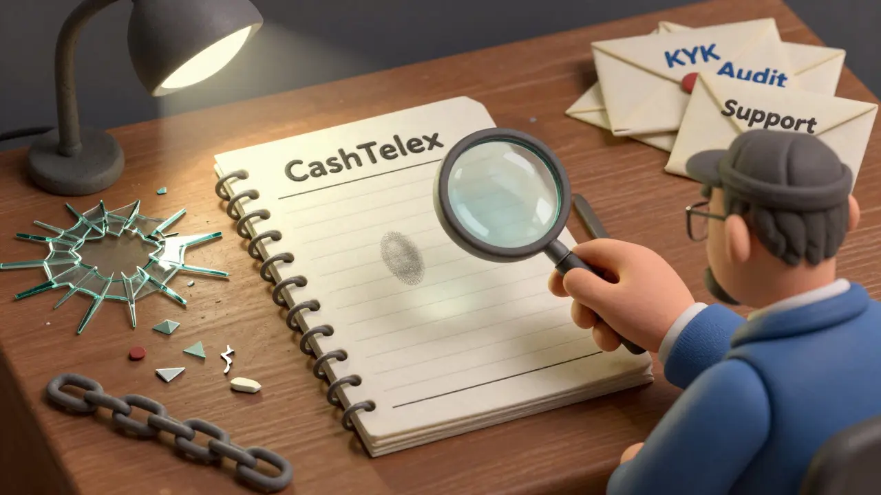 An investigator examines a blank ledger for CashTelex surrounded by symbols of missing security and compliance.