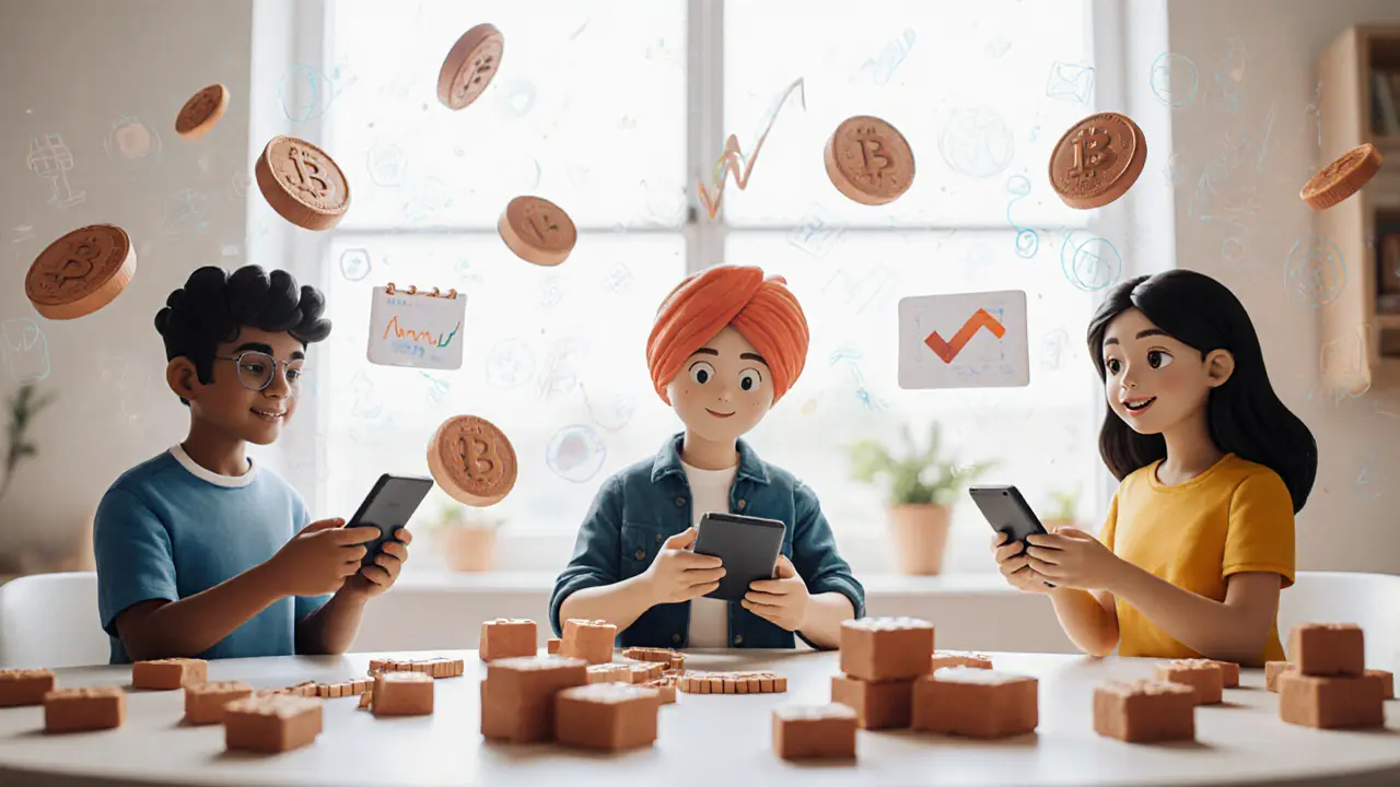 Diverse users interacting with DeFi apps on smartphones via floating clay tokens and bridges.