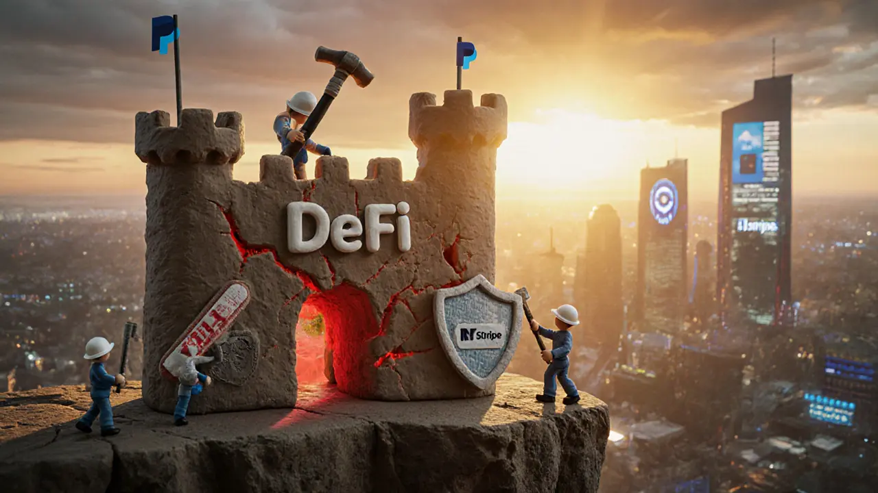 Fragile clay DeFi castle being repaired with audit tools as hacks glow beneath it.