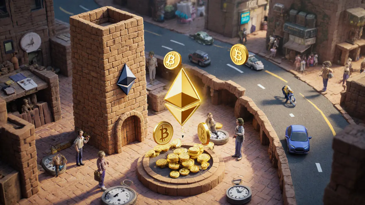 Users bridging assets from Ethereum to Unichain on a fast highway with UNI tokens staked in a sequencer wheel.