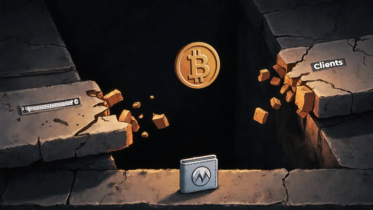 A bridge made of crumbling BHAT tokens collapses into nothingness between empty freelancer and client platforms.