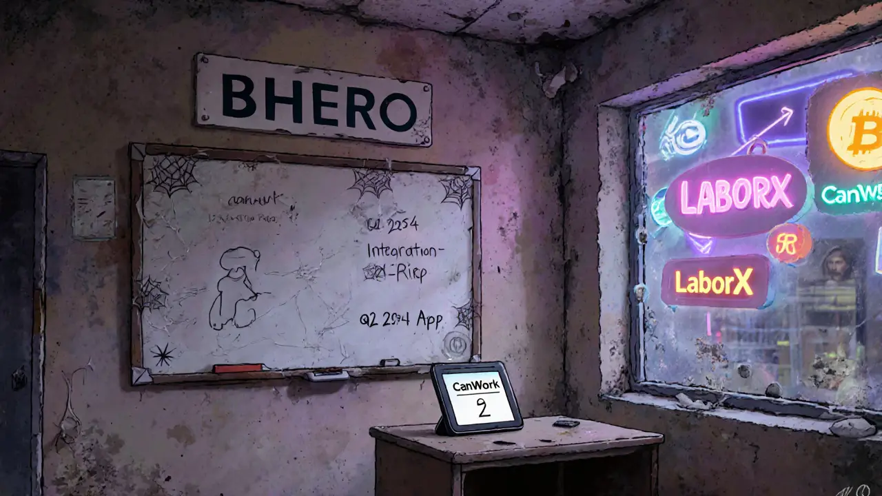 An abandoned office with outdated roadmap notes, while thriving crypto projects shine brightly outside the window.