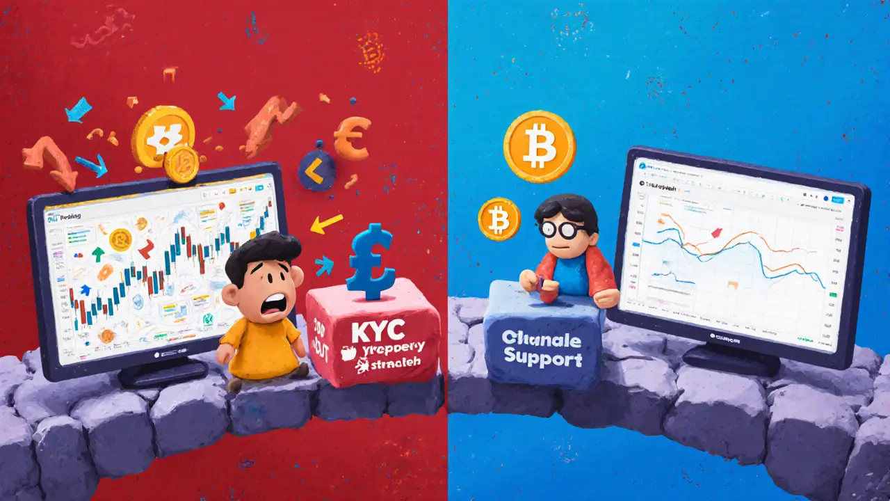 Contrasting chaotic trading screen vs. calm Changelly Pro interface, connected by a bridge labeled with KYC and support info.