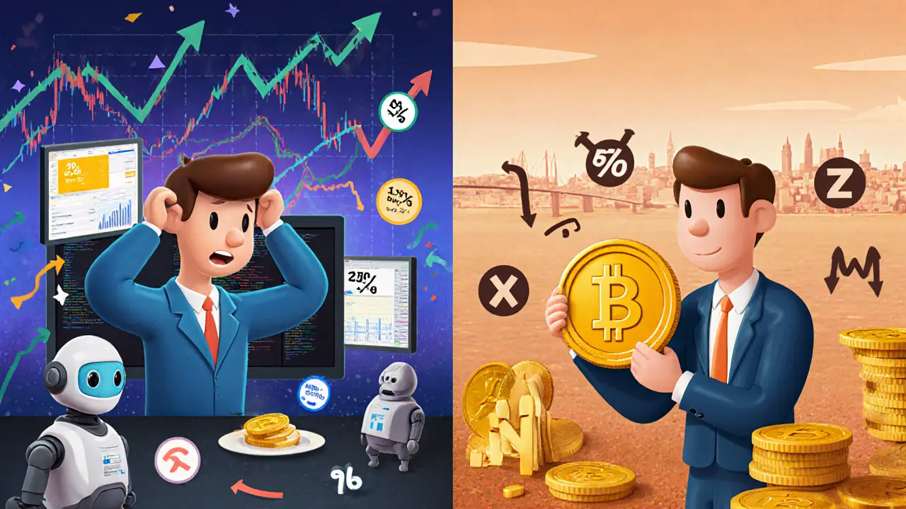 Contrasting scenes: a stressed trader with high taxes vs. a calm investor with zero tax on long-term Bitcoin holding.