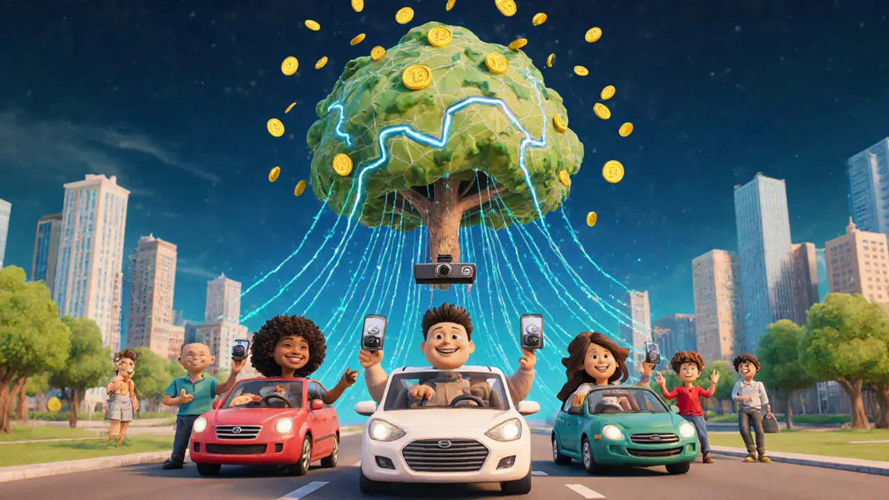 Drivers contributing road data to a community map, with digital trails forming a tree-like network.