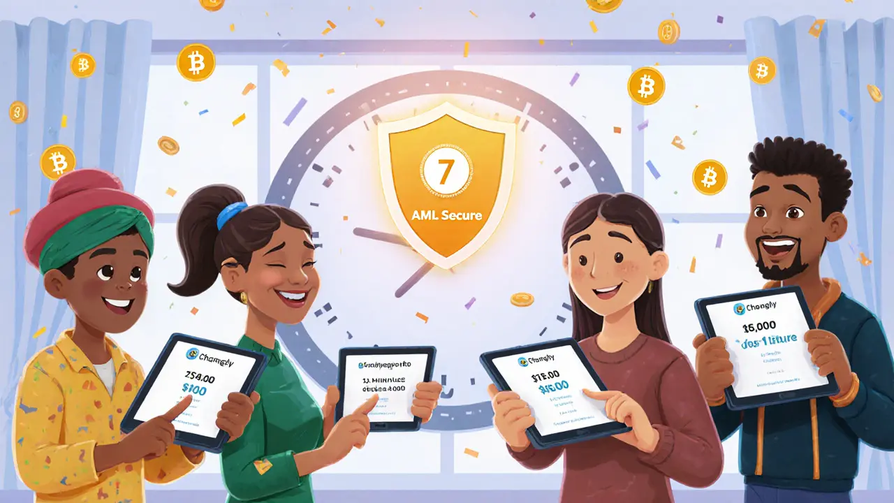 Global users happily completing fast crypto swaps on mobile devices, with a secure shield and clock showing 7 minutes.