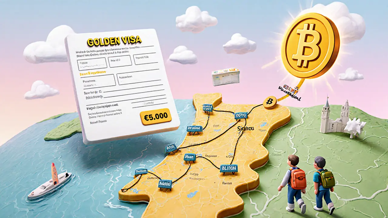 Golden Visa form connected to a Bitcoin blockchain winding through Portugal, symbolizing crypto-based residency.
