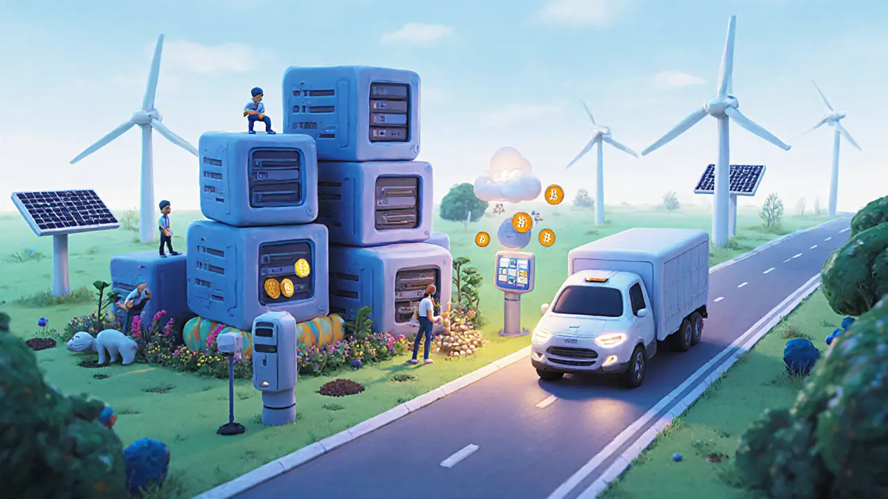 Home-based servers as clay nodes powering a self-driving truck that pays sensors with crypto tokens.