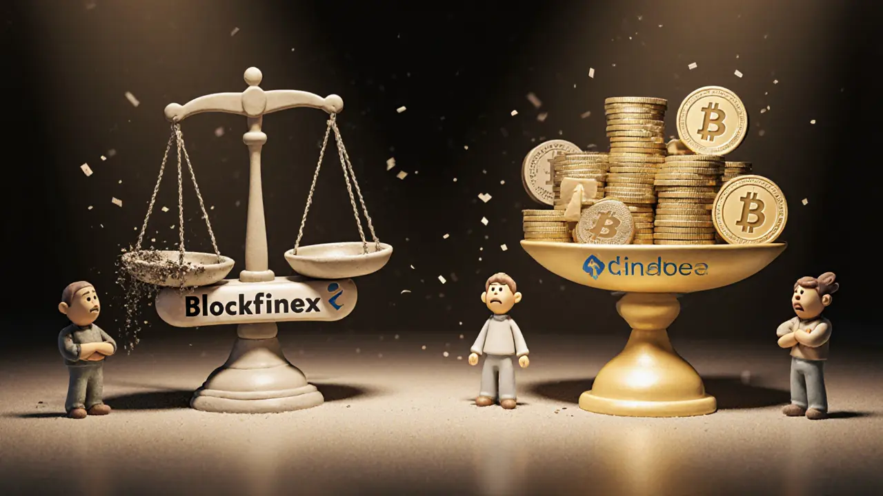 A clay scale comparison: one side empty and broken (Blockfinex), the other heavy with trust symbols (Binance, Kraken, Coinbase).