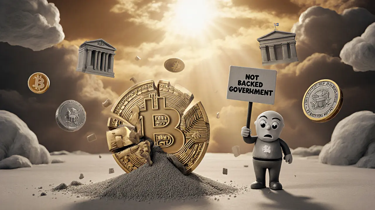 A cracked USDC coin leaking sand, symbolizing unstable reserves under government oversight.