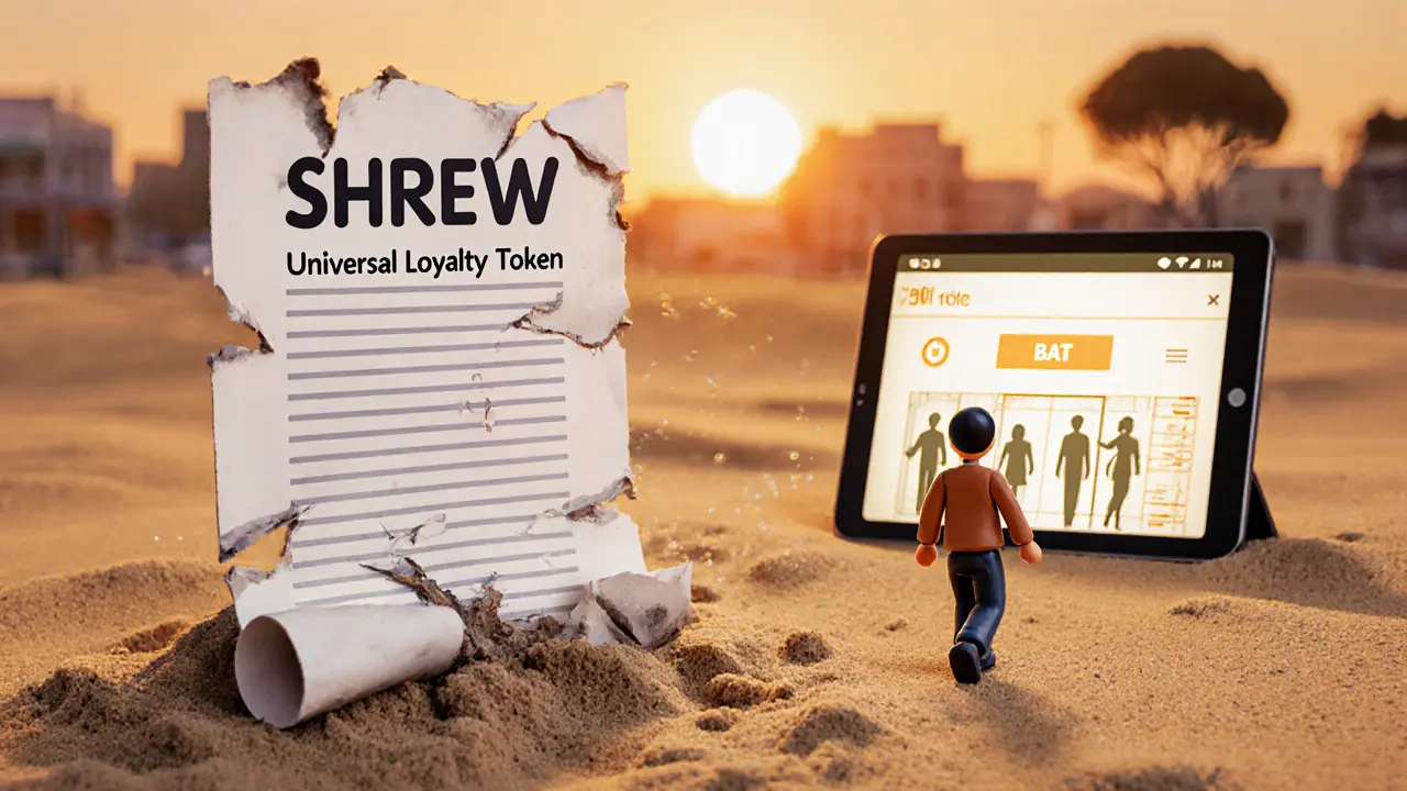 A crumbling SHREW whitepaper dissolving into sand as a user walks toward a working loyalty app.