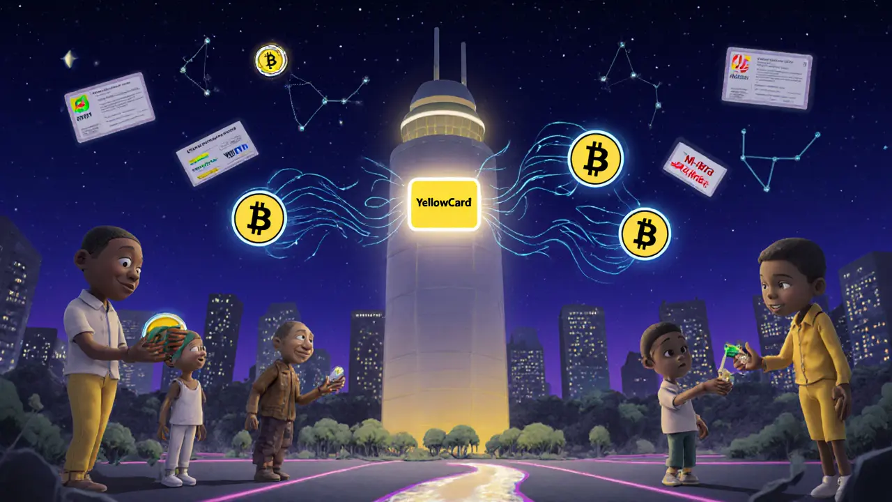 A glowing African city connected by digital crypto flows, symbolizing financial inclusion.