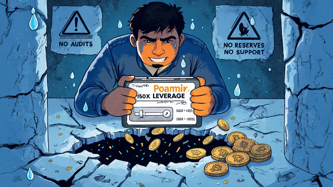 A lone trader under high leverage, surrounded by crumbling warnings, as coins vanish into a black hole beneath them.