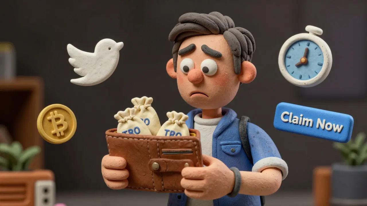 A person holding an empty wallet surrounded by fake crypto airdrop icons in clay style.