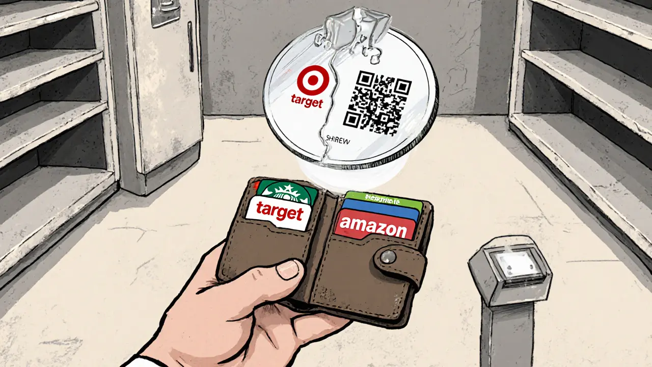 A shopper holding loyalty cards while a useless SHREW token hovers above, no stores nearby.