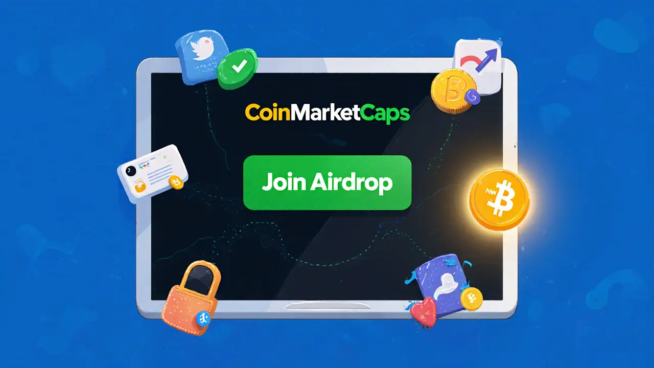 A tablet showing CoinMarketCap with five illustrated steps and a BSC wallet input form.