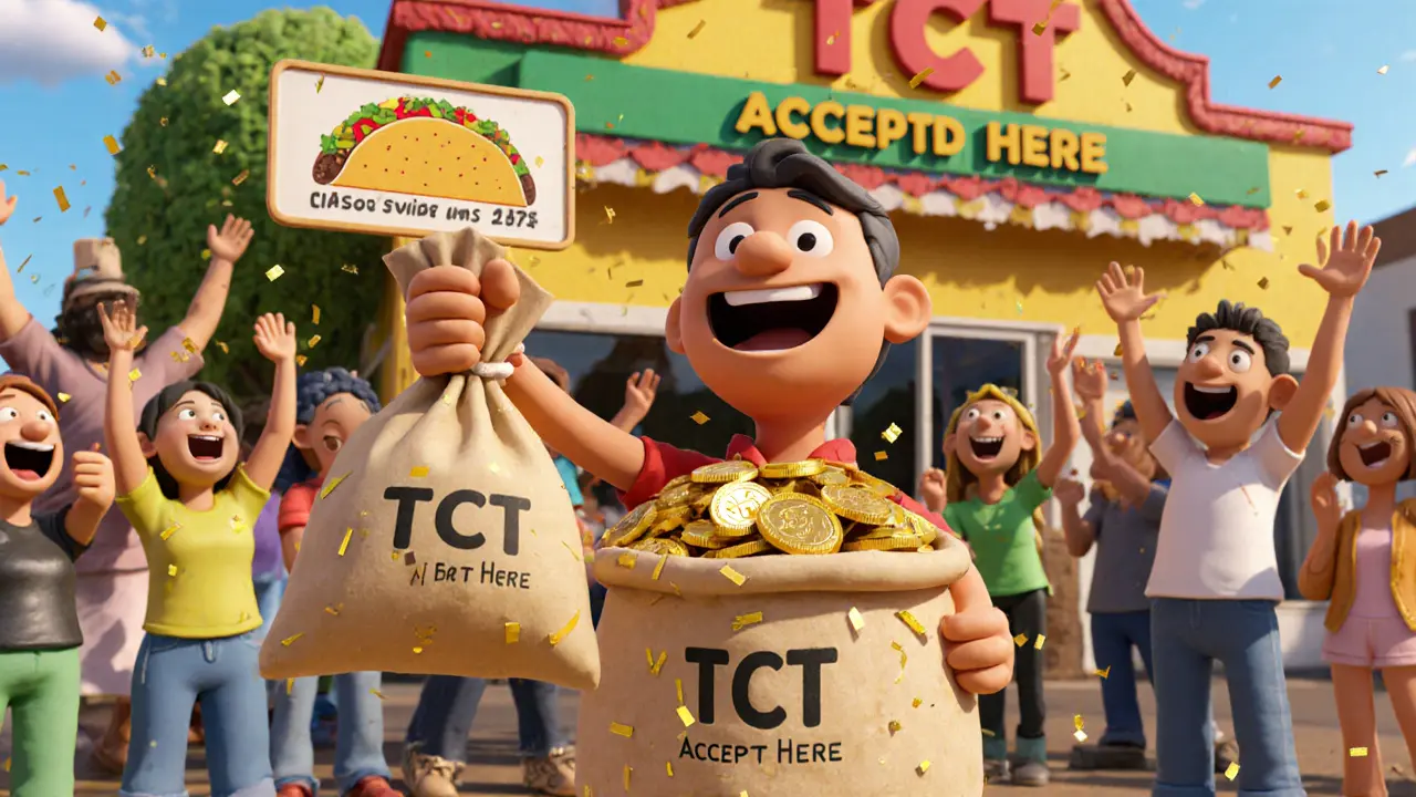 A winner holding TCT tokens in front of a taco shop with a cheering crowd in the background.