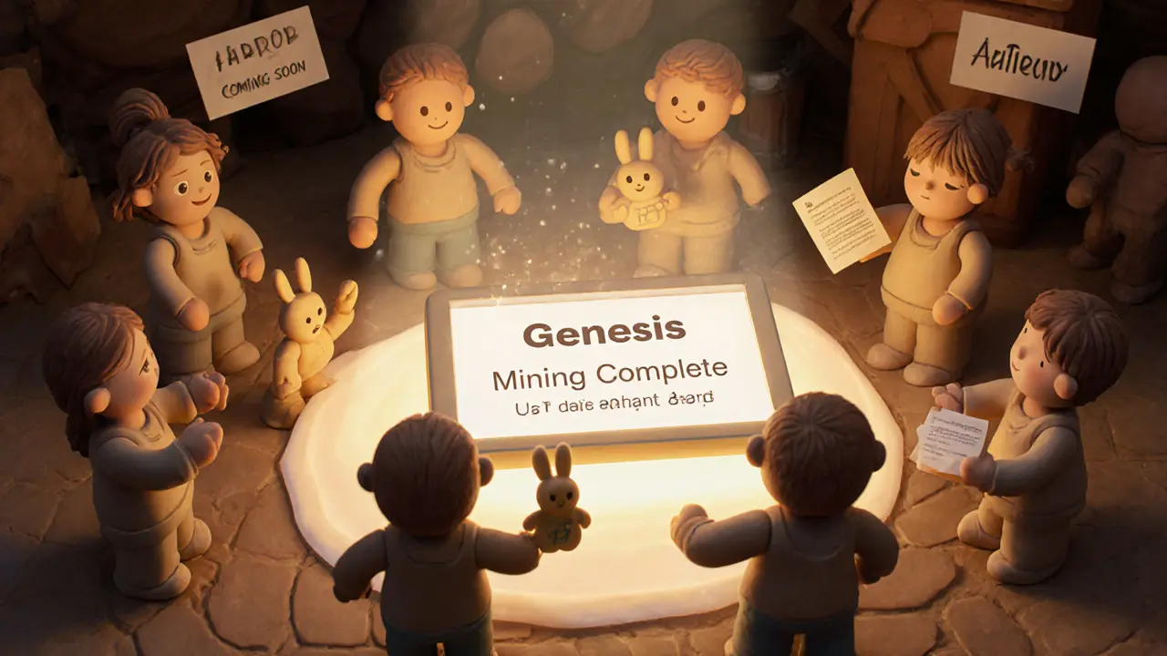 Community members celebrating Genesis Mining completion with BP tokens and feedback cards.