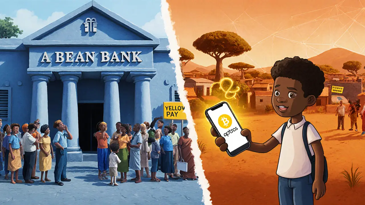 Contrast between slow traditional banking and instant YellowCard crypto transfers across borders.