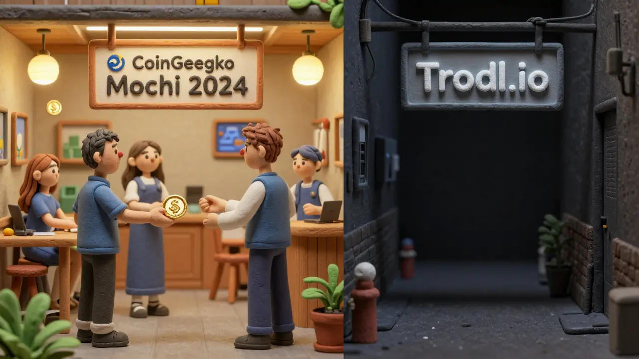 Contrasting scene: lively legitimate airdrop hub vs dark alley with a faded Trodl sign.