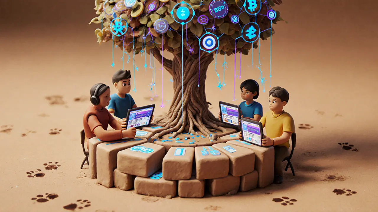 Diverse creators at a blockchain table, earning tokens as data roots grow into an NFT tree.