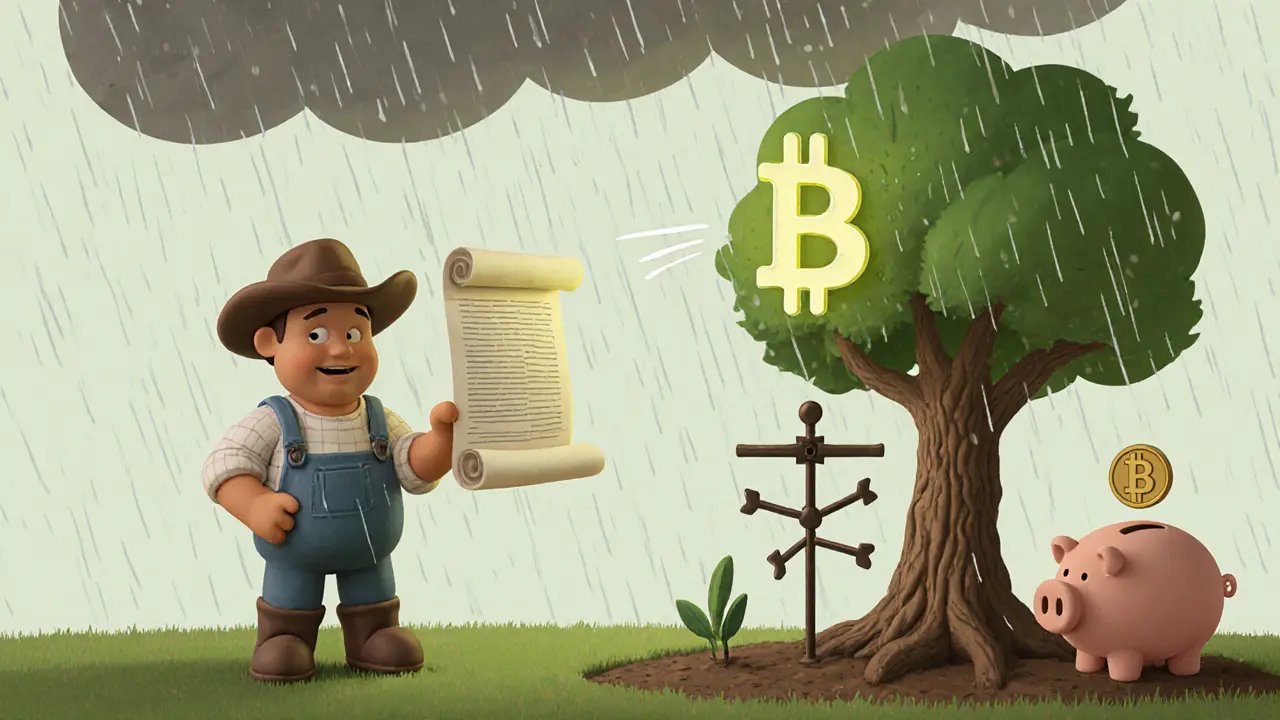 Farmer receives insurance payout as clay oracle sends rain data to a blockchain tree in a rural scene.