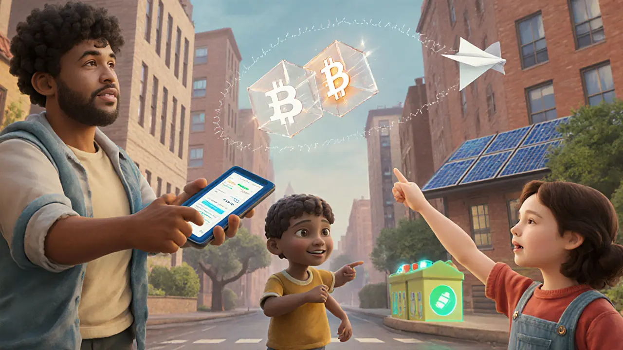 Residents in Brooklyn trading renewable energy tokens on digital devices, with floating blockchain ledgers and solar panels.