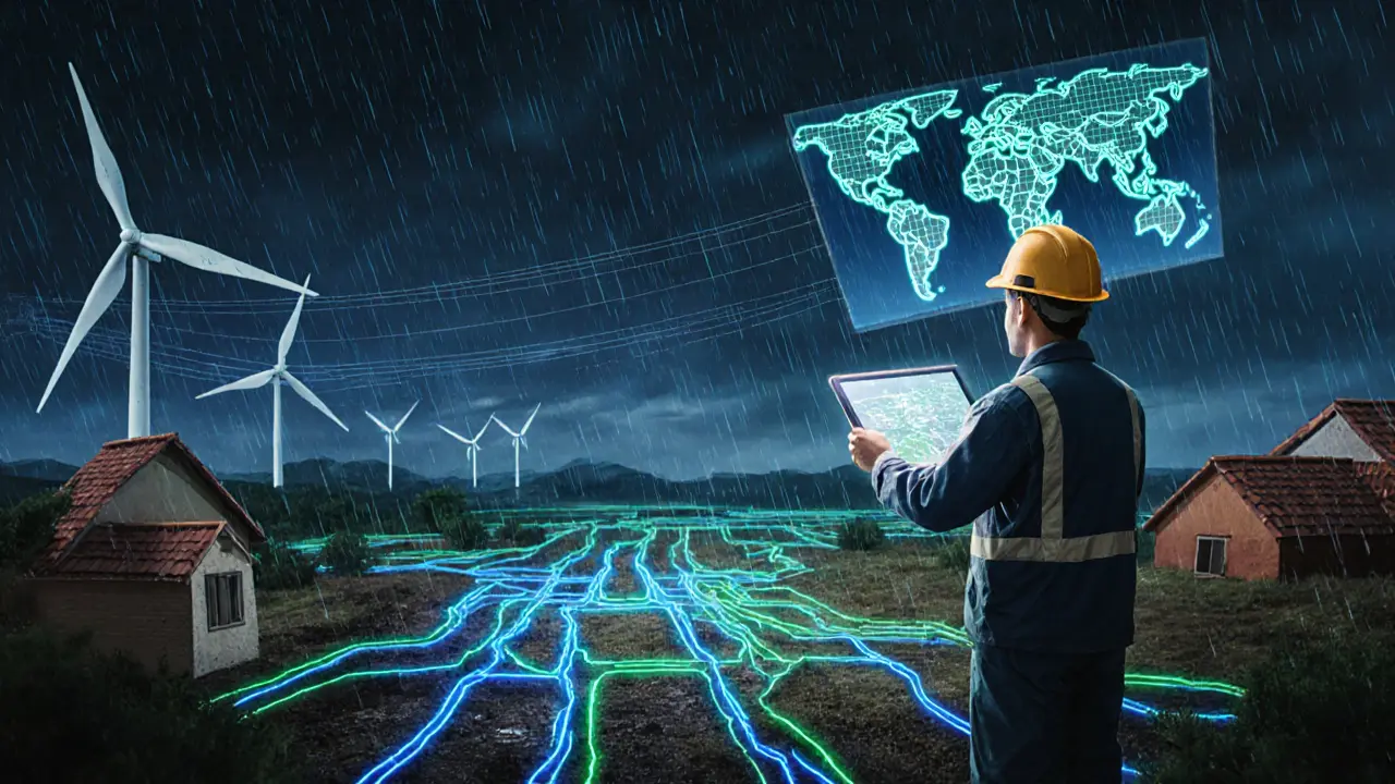 Smart grid directing energy during a storm using blockchain contracts, with glowing power flows and a utility worker monitoring the system.