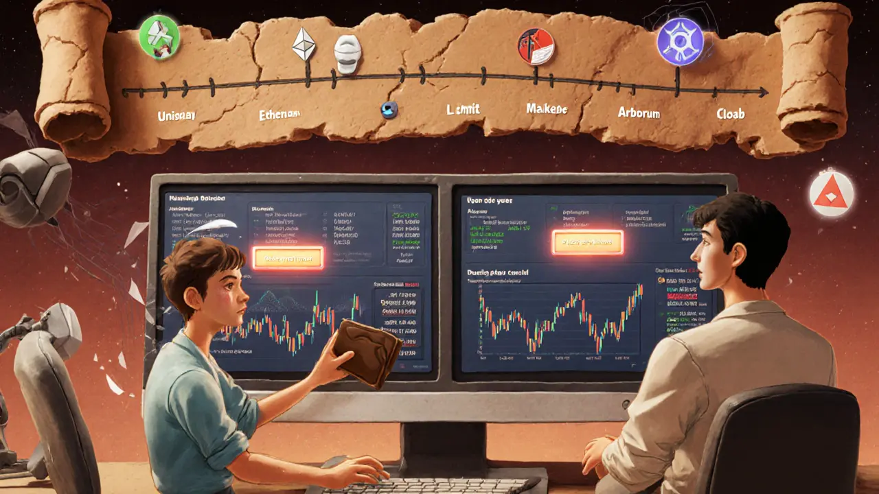 Split-screen of confused beginner vs calm advanced user on Clober, with roadmap to Arbitrum in clay.
