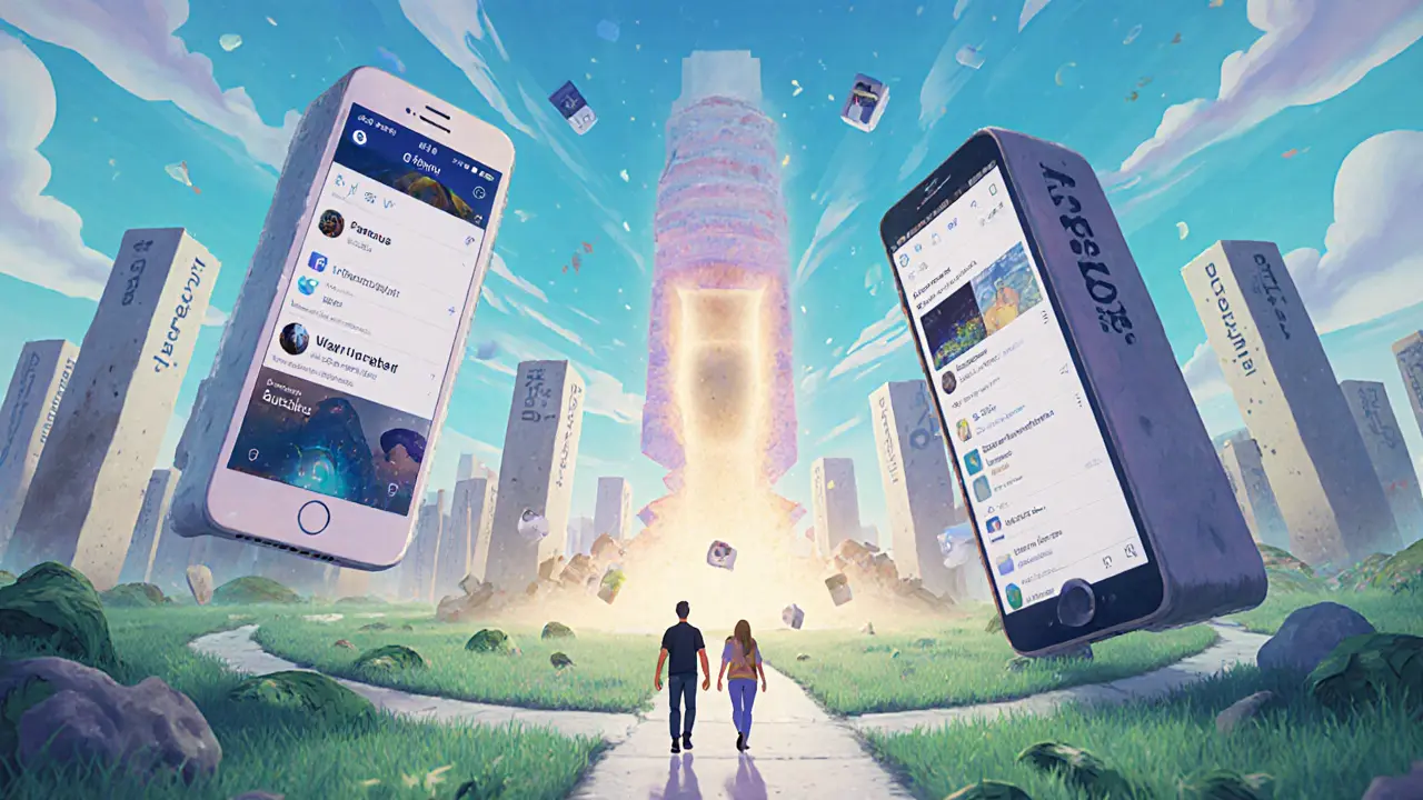 Users walking through a city of Web3 platforms, with a collapsing traditional social media tower in the distance.