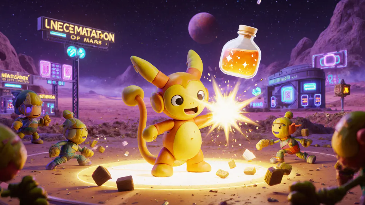 A clay Metamon battles in a glowing arena, empowered by a Potion NFT with radiant energy effects.