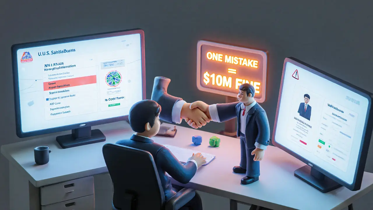 A compliance officer reviewing real-time sanctions lists, with a symbolic handshake between U.S. and Syrian entities, warning of financial penalties.