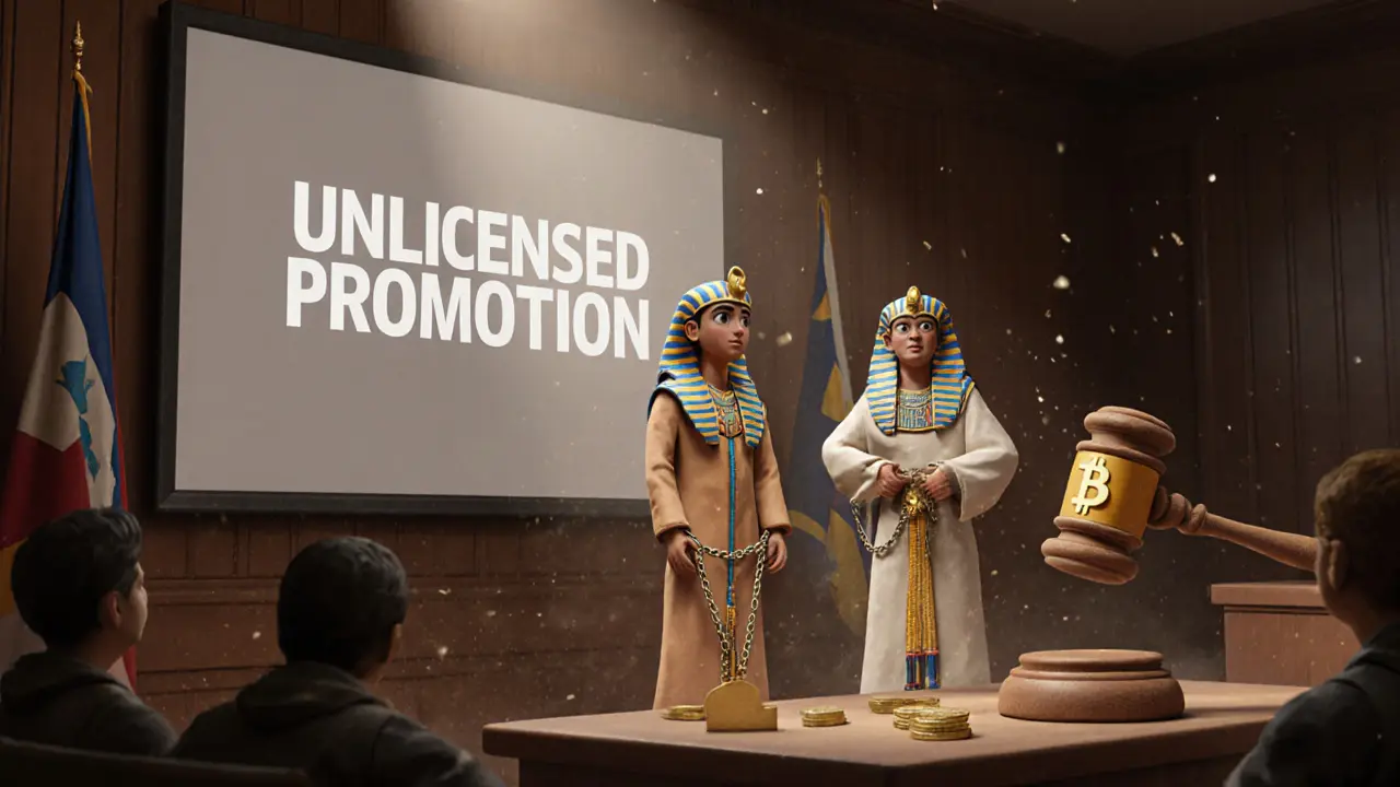 A courtroom scene with a judge holding a blockchain gavel and a defendant chained by crypto coins.