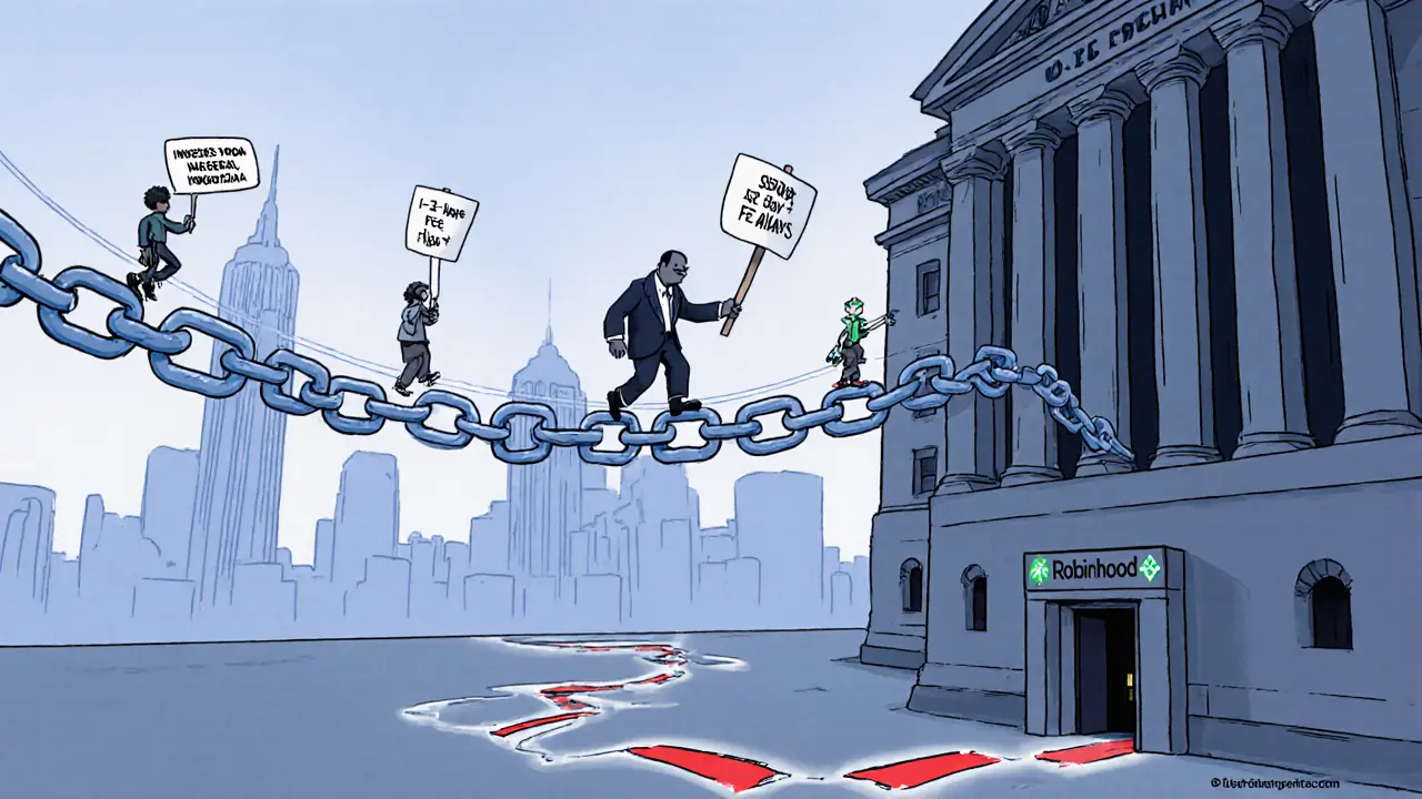 A fragile clay blockchain bridge connecting U.S. stocks to a distant crypto exchange, with hesitant travelers crossing.