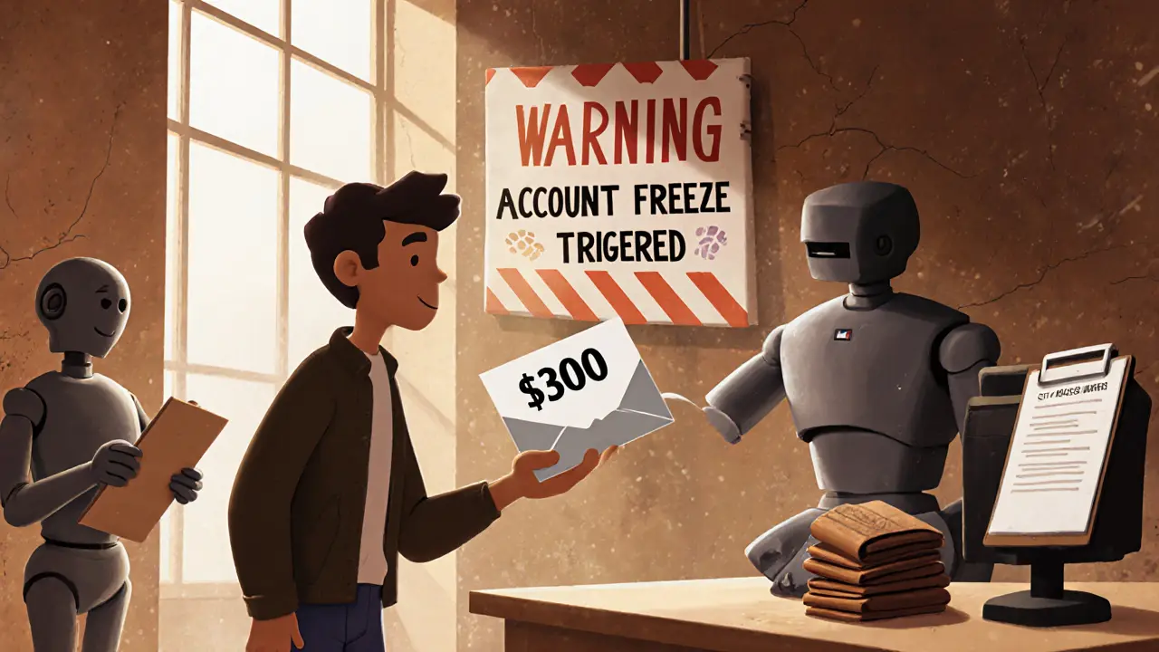 A freelancer hands over crypto payment as a compliance robot blocks bank access.