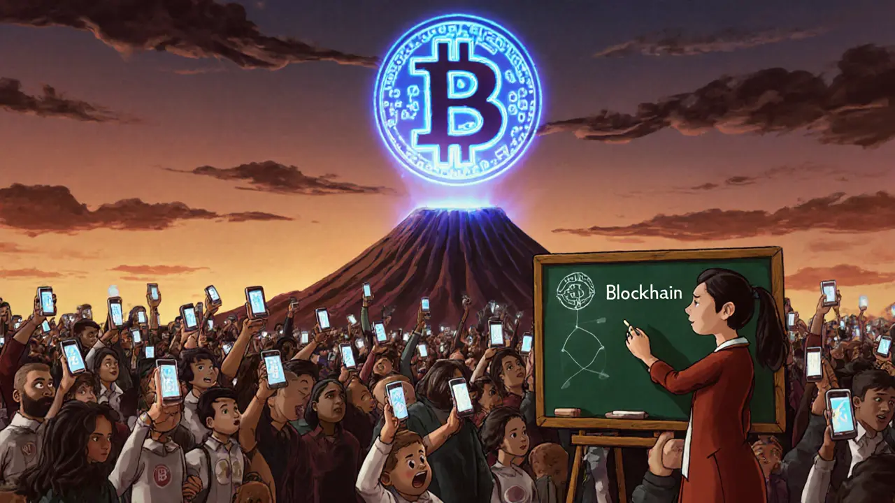 A large crowd gathers at the PLANB Forum 2025 with a holographic Bitcoin logo above a volcano, while children learn about blockchain.